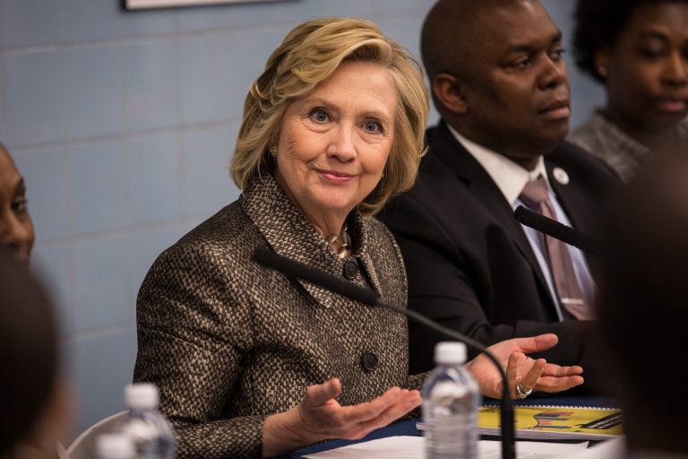 Former Secretary of State Hillary Clinton attends a round table conversation and press conference announcing a childhood development initiative with first lady of New York City Chirlane McCray on April 1, 2015 in New York City. (Photo by Andrew Burton/Getty Images)