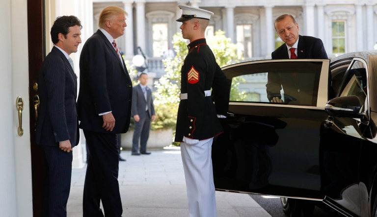 Turkish President Recep Tayyip Erdogan oversaw the beating of protestors outside the Turkish embassy in Washington, D.C., when he visited President Trump in May. (AP Photo/Pablo Martinez Monsivais)
