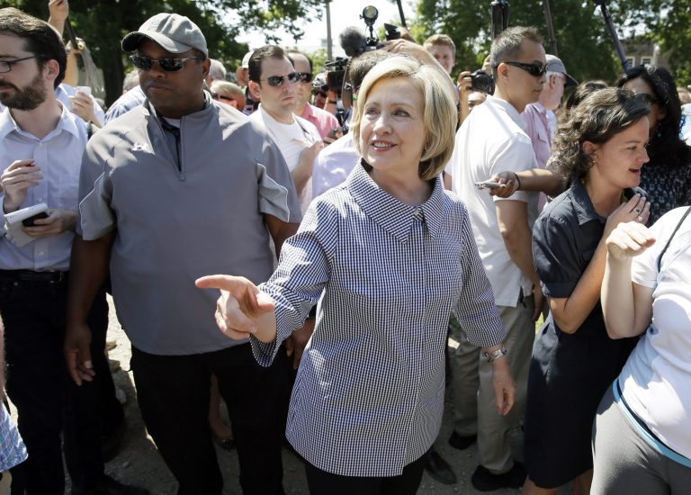 Democratic presidential candidate Hillary Rodham Clinton greets fairgoers during a visit to the Iowa State Fair, Saturday, Aug. 15, 2015, in Des Moines, Iowa. (AP Photo/Charlie Neibergall)