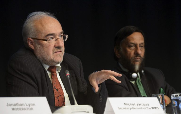 French Michel Jarraud, left, Secretary-General of World Meteorological Organization, WMO, and Rajendra Pachauri, the head of the U.N. Intergovernmental Panel on Climate Change (IPCC), during the presentation of the U.N. IPCC climate report, in Stockholm, Friday Sept. 27, 2013. (AP File)