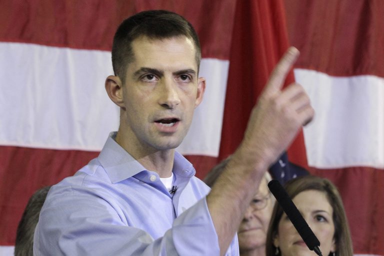 U.S. Rep. Tom Cotton, R-Arkansas, gestures after announcing his candidacy for the U.S. Senate in Dardanelle, Ark., Tuesday, Aug. 6, 2013. (AP Photo/Danny Johnston)