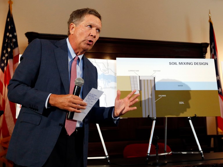 Gov. John Kasich speaks during a news conference in his office, Thursday, at the Ohio Statehouse in Columbus, Ohio. (Adam Cairns/The Columbus Dispatch via AP)