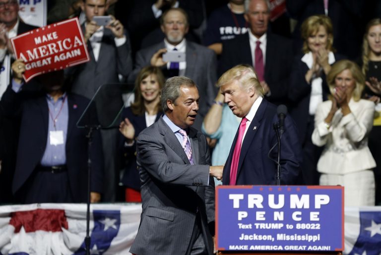 The leader of the Brexit movement is already in the U.S. to help Trump. (AP Photo/Gerald Herbert)