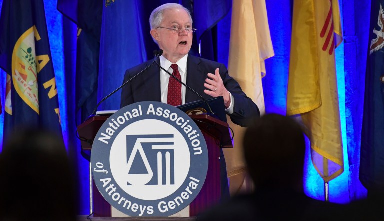 Speaking to the National Association of Attorneys General, Sessions said he believes bump stocks &mdash; an attachment that enables a semi-automatic rifle to fire at a rate similar to an automatic firearm &mdash; can be effectively banned through regulation. (AP Photo/Susan Walsh)