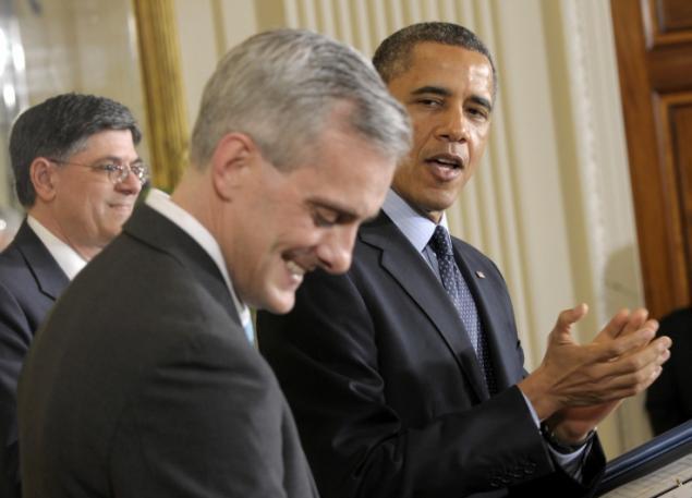 President Obama applauded Denis McDonough in the East Room of the White House after appointing him to succeed Jack Lew (left) as his chief of staff in January. AP Photo