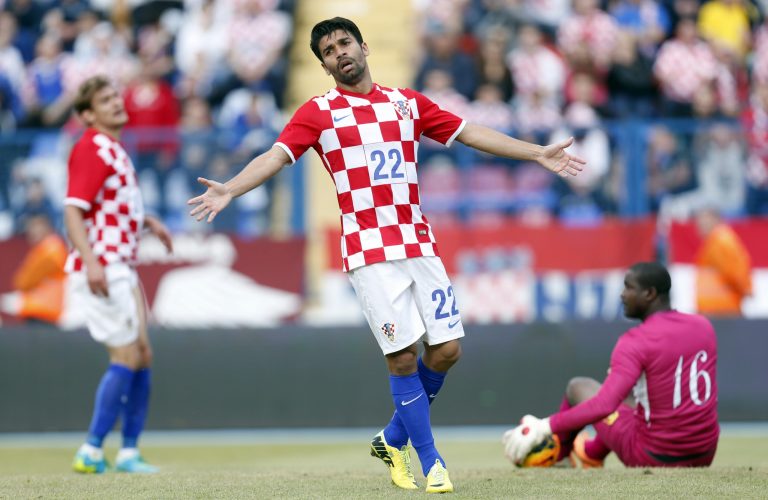 Croatia's Eduardo Da Silva  gestures  during the internationa friendly soccer match between Croatia and Mali, in Osijek, Croatia, Saturday, May 31, 2014. (AP Photo/Darko Bandic)