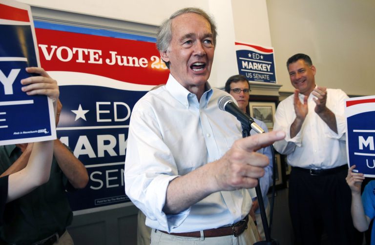 Rep. Ed Markey, the Democratic candidate for U.S. Senate in the Massachusetts open seat special election, campaigns at Cafe on the Common in Waltham, Mass., Sunday, June 23, 2013. (AP Photo/Michael Dwyer)