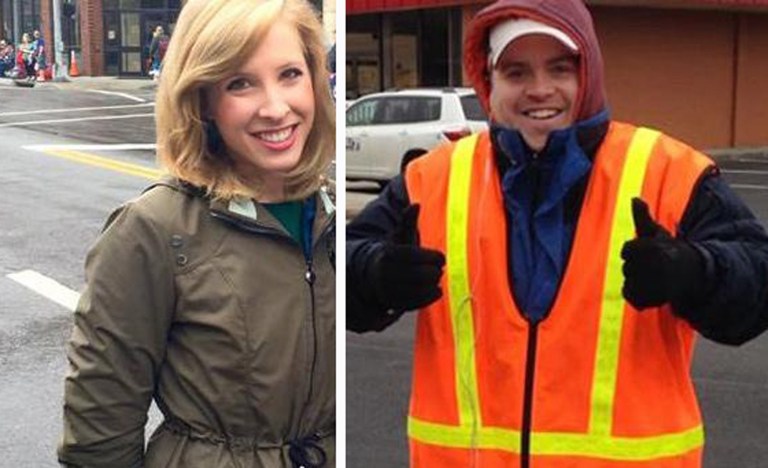 This undated composite photograph made available by WDBJ-TV shows reporter Alison Parker, left, and cameraman Adam Ward. Parker and Ward were fatally shot during an on-air interview, Wednesday, Aug. 26, 2015, in Moneta, Va. (Courtesy of WDBJ-TV via AP)