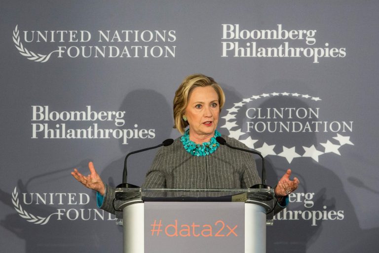 Hillary Clinton speaks at a press conference announcing a new initiative between the Clinton Foundation, United Nations Foundation and Bloomberg Philanthropies, titled Data 2x on December 15, 2014 in New York City. (Photo by Andrew Burton/Getty images)