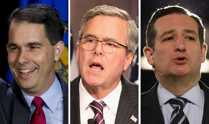 Wisconsin Gov. Scott Walker is leading the 2016 field with 20 percent of national support, though his support is down 5 percentage points from March. Former Florida Gov. Jeb Bush (17 percent) and Texas Sen. Ted Cruz (16 percent) are well within striking distance. (Getty Images photos)