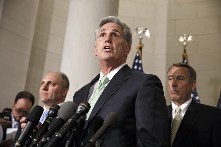 House Majority Whip Kevin McCarthy, R-Calif., is joined by Rep. Steve Scalise, R-La., left, and Speaker of the House John Boehner, R-Ohio, on Capitol Hill in Washington. (AP Photo/J. Scott Applewhite)