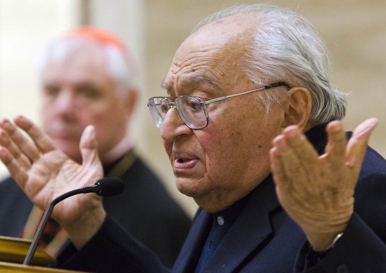 Peruvian theologian Gustavo Gutierrez speaks during the presentation of the book, to which he contributed, 