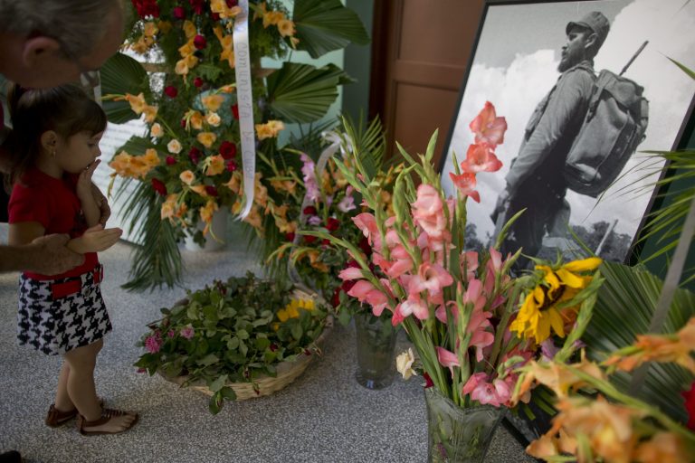 A girl stands next to flowers honoring Fidel Castro at a memorial in Guanabacoa on the outskirts in Havana, Cuba, Tuesday. (AP Photo/Natacha Pisarenko)