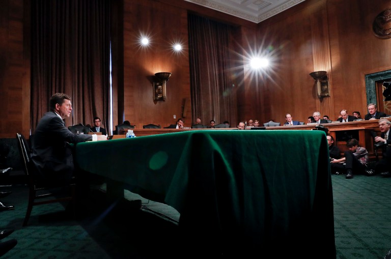 Securities and Exchange Commission chairman nominee Jay Clayton testifies on Capitol Hill in Washington, Thursday, March 23, 2017, at his confirmation hearing before the Senate Banking Committee. (AP Photo/Pablo Martinez Monsivais)