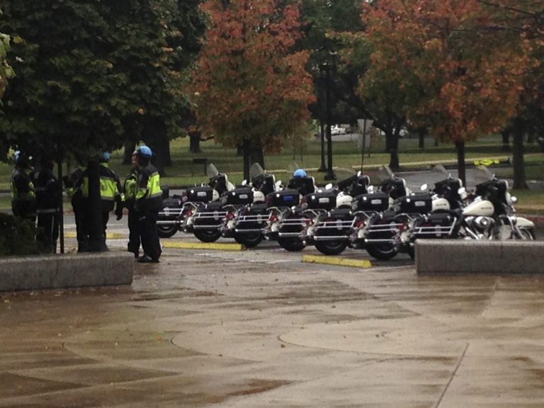 Multiple police officers on motorcycles were present at the memorial before the meeting was scheduled to take place - but they soon left the site when no one arrived. (Charlie Spiering/Washington Examiner)
