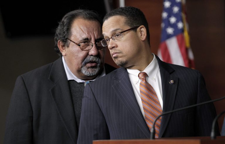 Rep. Keith Ellison, D-Minn., right, and Rep. Raul Grijalva, D-Ariz., co-chairs of the Congressional Progressive Caucus, sent a letter to President Obama about their environmental justice concerns. (AP Photo/J. Scott Applewhite)