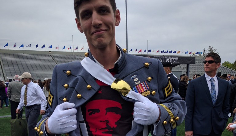 The West Point graduate posted two photos on Twitter this week expressing pro-communist views. In one photo, tweeted Monday, Rapone opened the buttons of his uniform to show a Che Guevara T-shirt underneath. (Image courtesy screenshot)