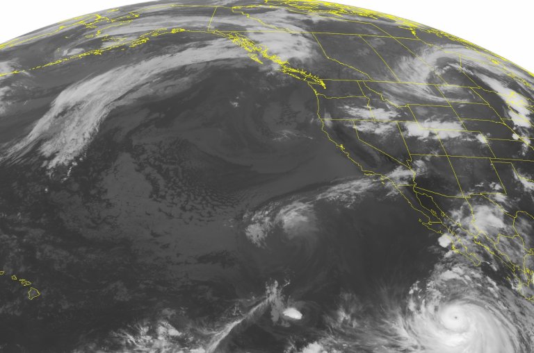 This NOAA satellite image taken Monday, Aug. 25, 2014 at 02:00 AM EDT shows Hurricane Marie about 500 miles southwest of the Baja Peninsula. Marie is a very powerful storm with maximum winds measured near 150 miles per hour. This storm will continue moving to the northwest and will not pose a threat to land. Over the western United States, a stationary front from the central Plains through the Great Basin produces rain showers and thunderstorms. (AP Photo/Weather Underground)