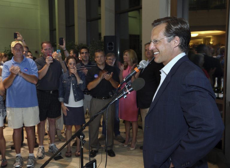 Dave Brat speaks to supporters after defeating Republican Congressman Eric Cantor in Tuesday's Republican primary for the 7th Congressional District in Virginia, Tuesday. (AP Photo/Richmond Times-Dispatch, P. Kevin Morley)