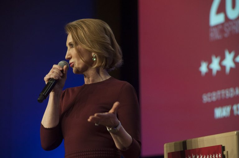 Republican presidential candidate Carly Fiorina speaks during the welcome reception at the Republican National Committee Spring meeting May 13, 2015 at the Phoenician in Scottsdale, Ariz. (Photo by Laura Segall/Getty Images)