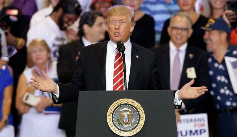 President Donald Trump speaks at a rally at the Phoenix Convention Center, Tuesday, Aug. 22, 2017, in Phoenix. (AP Photo/Rick Scuteri)