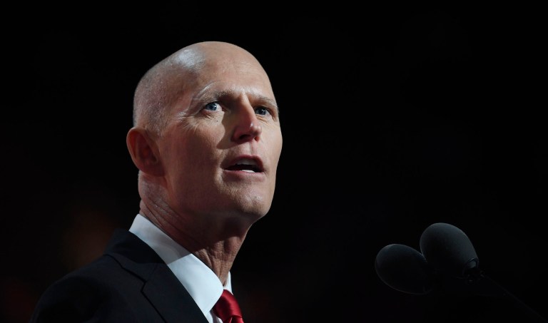 Gov. Rick Scott of Florida Tuesday assessed that his longtime friend President Trump is on track but still finding his way, describing him as optimistic, determined and methodically figuring out what he needs to do to be successful. (David Paul Morris/Bloomberg)