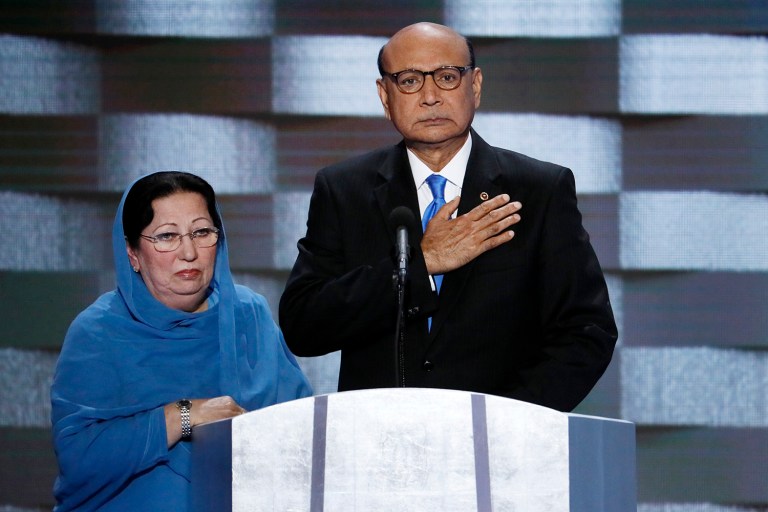 Khizr Khan, father of fallen US Army Capt. Humayun S. M. Khan, and his wife Ghazala spoke during the Democratic National Convention in Philadelphia. Khan won rave reviews from Trump's opponents when he said Trump is "void of empathy." (AP Photo/J. Scott Applewhite)
