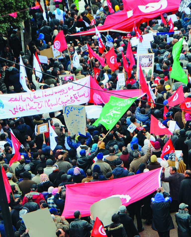 Protesters gather during a demonstration in Tunis Saturday Feb 9, 2013. Several thousand supporters of Tunisia's ruling moderate Islamist party rallied in the capital in a pro-government demonstration Saturday, a day after the funeral of an assassinated opposition politician. The ruling Ennahda party had called for a show of support for the constitutional assembly, whose work on a new constitution suffered a severe setback after the killing of Chokri Belaid on Feb. 6, 2013 when leftist parties withdrew their participation. Protesters hurled insults at France, accusing the former colonial ruler of interfering in the North African country's politics. ( AP Photo/Hassene Dridi)