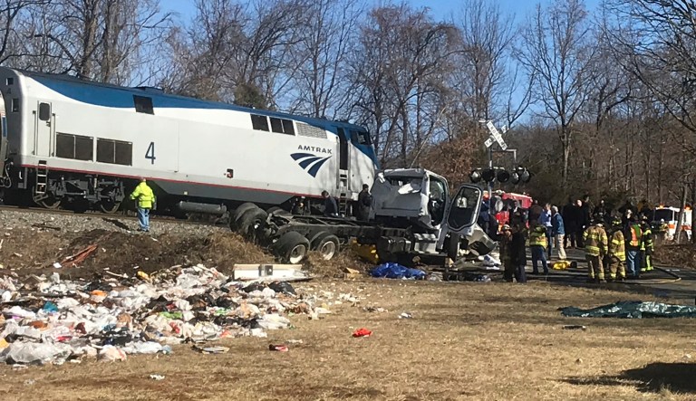 An Amtrak passenger train carrying dozens of GOP lawmakers to a Republican retreat in West Virginia struck a garbage truck south of Charlottesville, Va. No lawmakers were believed injured, but it at least one person in the truck was said to be seriously injured. (Allison Wrabel/The Daily Progress via AP)