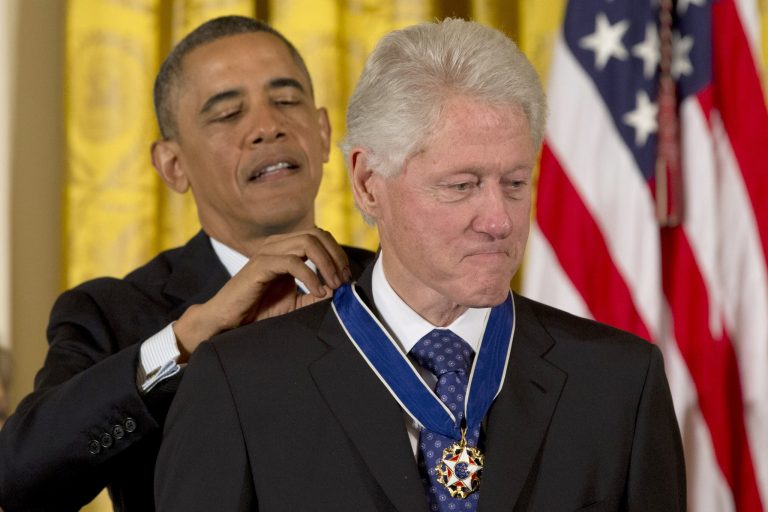 PresidentÃÂ ObamaÃÂ awards former President BillÃÂ ClintonÃÂ with the Presidential Medal of Freedom during a ceremony in the East Room of the White House in Washington on Nov. 20. (AP/Jacquelyn Martin)