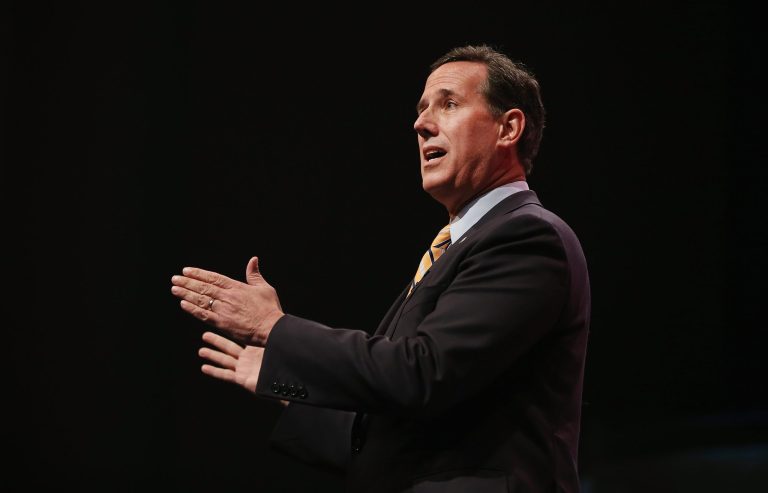 Former Pennsylvania Senator Rick Santorum speaks to guests gathered at the Point of Grace Church for the Iowa Faith and Freedom Coalition 2015. (Getty)