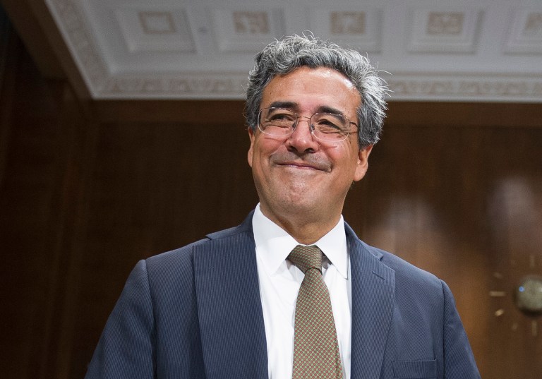 Solicitor general nominee Noel Francisco prepares to take a seat at the witness table to testify before the Senate Judiciary Committee's hearing on his nomination, on Capitol Hill in Washington, Wednesday, May 10, 2017. (AP Photo/Cliff Owen)