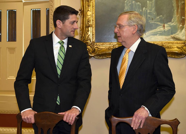House Speaker Paul Ryan, left, talks with Senate Majority Leader Mitch McConnell. The Senate will consider the bill as part of the fiscal 2017 appropriations process, but the money would be available much sooner. (AP Photo/Susan Walsh)