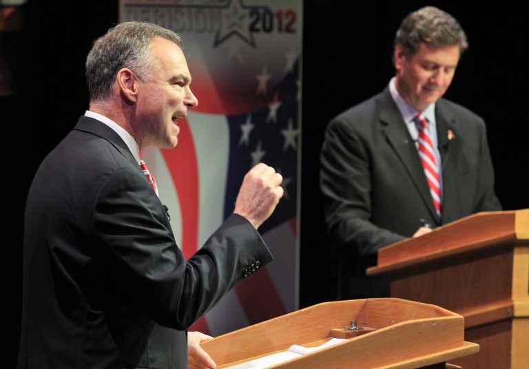 Senate candidates Tim Kaine, left, and Republican George Allen, right, during a debate at Virginia Tech (AP photo)