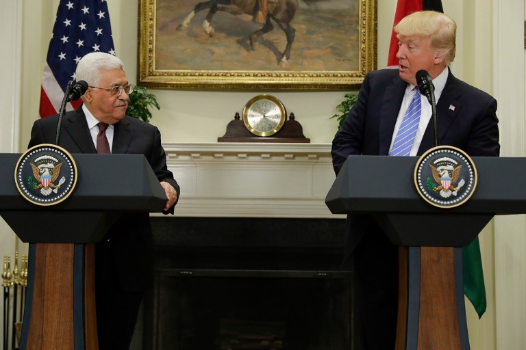 Palestinian leader Mahmoud Abbas listens as President Donald Trump speaks in the Roosevelt Room of the White House in Washington, Wednesday, May 3, 2017. (AP Photo/Evan Vucci)