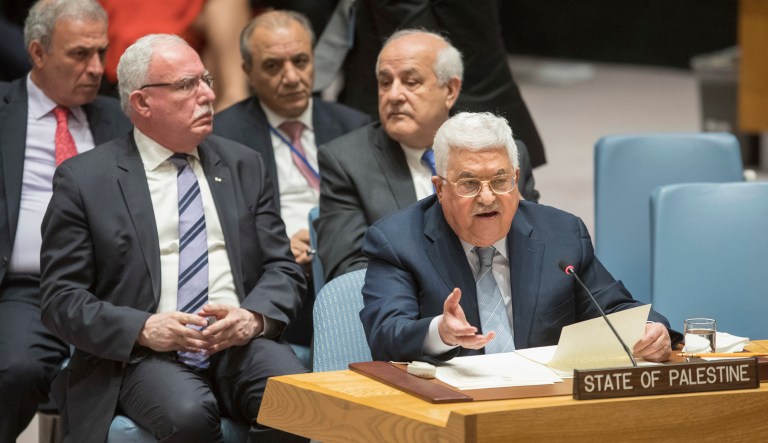 Palestinian President Mahmoud Abbas speaks during a Security Council meeting on the situation in Palestine. Abbas called for the conference in response to President Trump's decision to recognize Jerusalem as the capital of Israel. (AP Photo/Mary Altaffer)