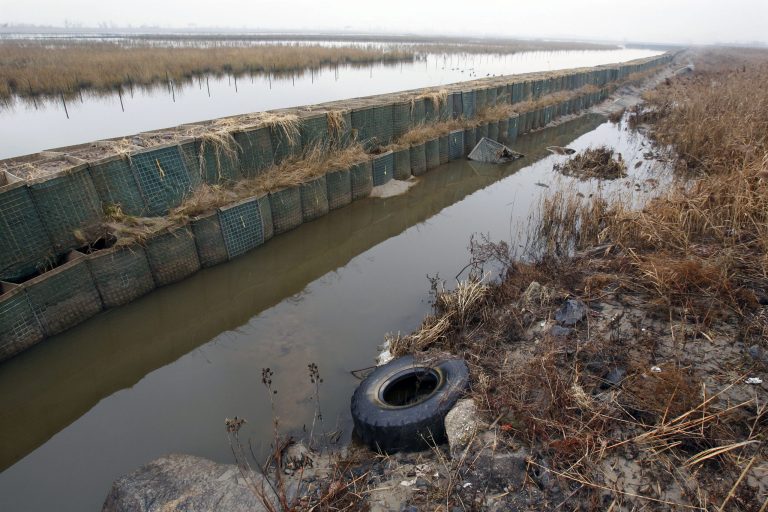   In this Dec. 8, 2012 photo, the Richard P. Kane Wetland Mitigation Bank, a long barrier wall made of large baskets filled with sand and dirt, runs through the Meadowlands in Moonachie, N.J. The barrier was built primarily to control the movement of tidewaters in and out of the wetlands area and not for flood protection. But since the tidal surge from Superstorm Sandy washed over it and damaged more than 2,000 homes and other buildings, attention has turned to what can be done to prevent similar river flooding in future storms. Unfortunately, however, no one seems to own the problem. (AP Photo/Mel Evans)  