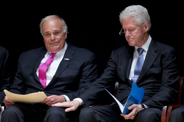 Former President Bill Clinton places a hand on former Pennsylvania Gov. Ed Rendell after Rendell spoke during a public memorial service for Philadelphia Inquirer co-owner Lewis Katz Wednesday, June 4, 2014, at Temple University in Philadelphia. Katz and six others died when his private jet crashed during takeoff on Saturday, May 31, 2014 in Massachusetts. He was 72.  (AP Photo/Matt Rourke)