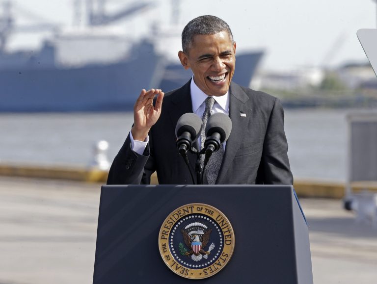 President Barack Obama speaks about the economy, Friday, at the Port of New Orleans. Obama traveled to the Gulf Coast region to make a case that more exports equal more jobs. After New Orleans he will go to Miami area for three Democratic fundraisers. (AP/Gerald Herbert)
