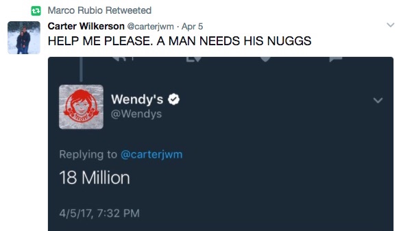 Marco Rubio retweets teen seeking free year of Wendy’s chicken nuggets