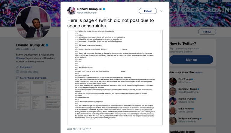 Donald Trump Jr. published his email exchange with Rob Goldstone on his Twitter account Tuesday. (Twitter via AP)
