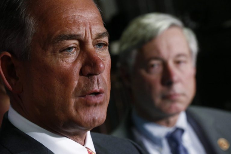 House Speaker John Boehner of Ohio, accompanied by House Energy and Commerce Committee Chairman Rep. Fred Upton, R-Mich., which has responsibility over matters relating to healthcare, speaks about President Obama's health care law after Republican lawmakers met at the Republican National Committee headquarters in Washington, Wednesday, Nov. 13, 2013. Upton has proposed a bill that would allow insurers to keep selling insurance that doesn't offer the type of benefits required by Obama's health care law. (AP Photo/Charles Dharapak)