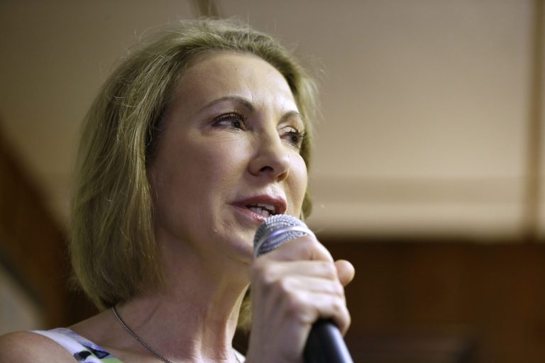 Republican presidential candidate Carly Fiorina speaks to local residents during a meet and greet at Cecil's Cafe, Thursday, July 23, 2015, in Marshalltown, Iowa. (AP Photo/Charlie Neibergall)