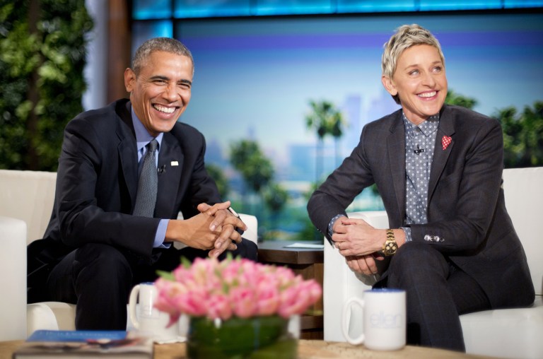 President Obama talks with Ellen DeGeneres during a taping of her show. The president was clearly in a reflective mood at the twilight of his tenure. (AP Photo/Pablo Martinez Monsivais)