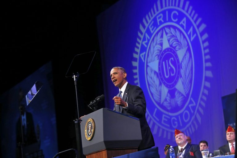 President Obama speaks about veterans issues at the American Legion's 96th National Convention at the Charlotte Convention Center in Charlotte, N.C., Tuesday. (AP Photo/Charles Dharapak)