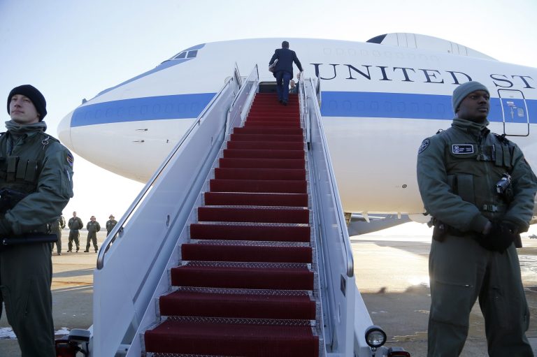 Secretary of Defense Ashton Carter boards his plane at Andrews Air Force Base, Md. Friday, Feb. 20, 2015. (AP Photo/Jonathan Ernst, Pool)