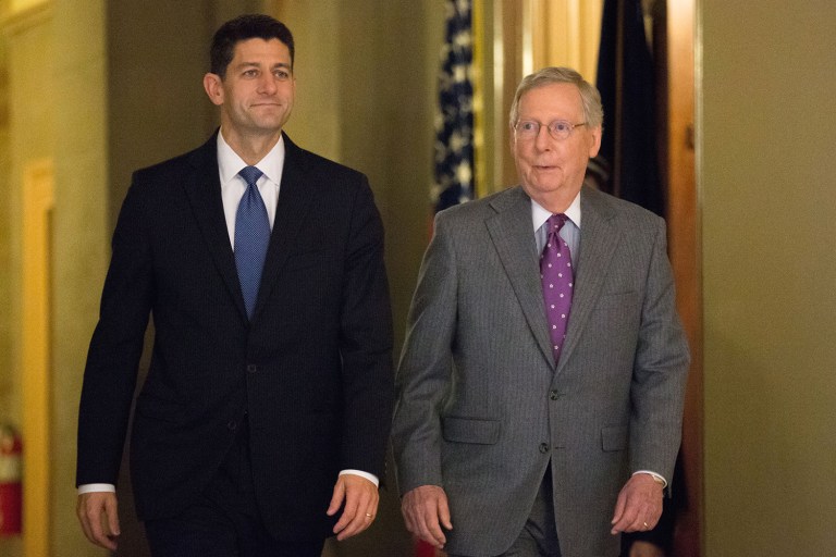 House Speaker Paul Ryan and Senate Majority Leader Mitch McConnell offered toasts to President Trump. (AP Photo/Andrew Harnik)