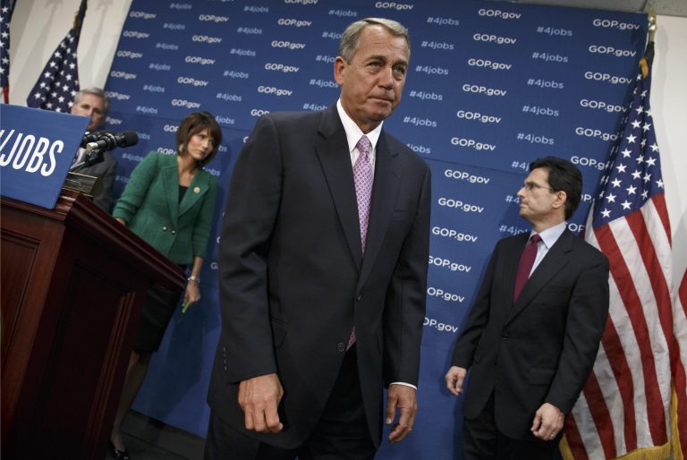 House Speaker John Boehner of Ohio and GOP leaders finish a news conference on Capitol Hill in Washington, Tuesday, Jan. 14, 2014, following a weekly House Republican Conference meeting. From left are, House Majority Whip Kevin McCarthy of Calif., Rep. Kristi Noem, R-S.D., and House Majority Leader Eric Cantor of Va. The Republicans tied the recent stagnant employment reports to the policies of President Barack Obama and Democratic lawmakers.  (AP Photo/J. Scott Applewhite)