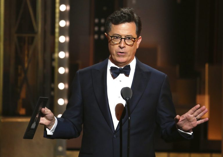 Stephen Colbert presents the award for best revival of a musical at the 71st annual Tony Awards on Sunday, June 11, 2017, in New York. (Photo by Michael Zorn/Invision/AP)