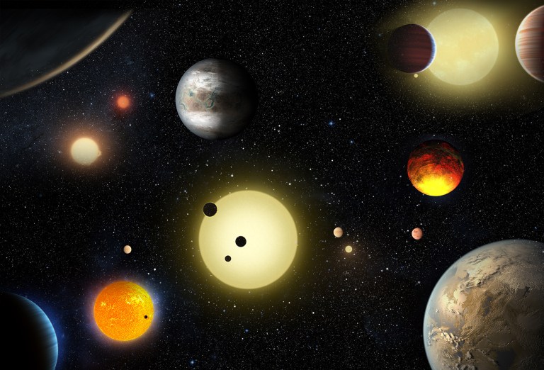 An artist's concept depicts select planetary discoveries made to date by NASA's Kepler space telescope. (NASA/W. Stenzel)
